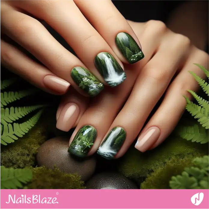 Waterfall and Pine Forest Nail Design | Love the Forest Nails - NB2871